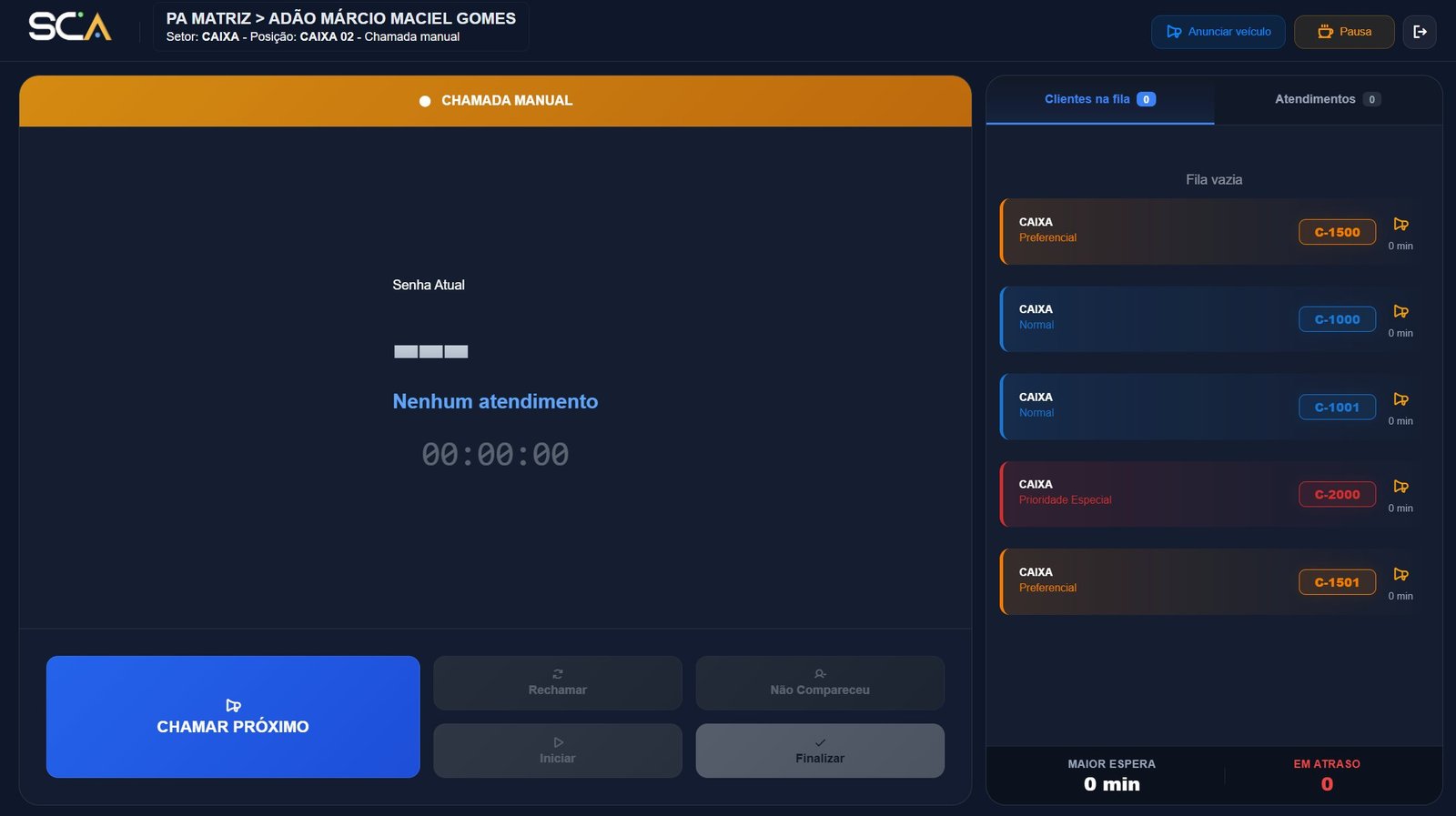 Tela do atendente - chamada de senha