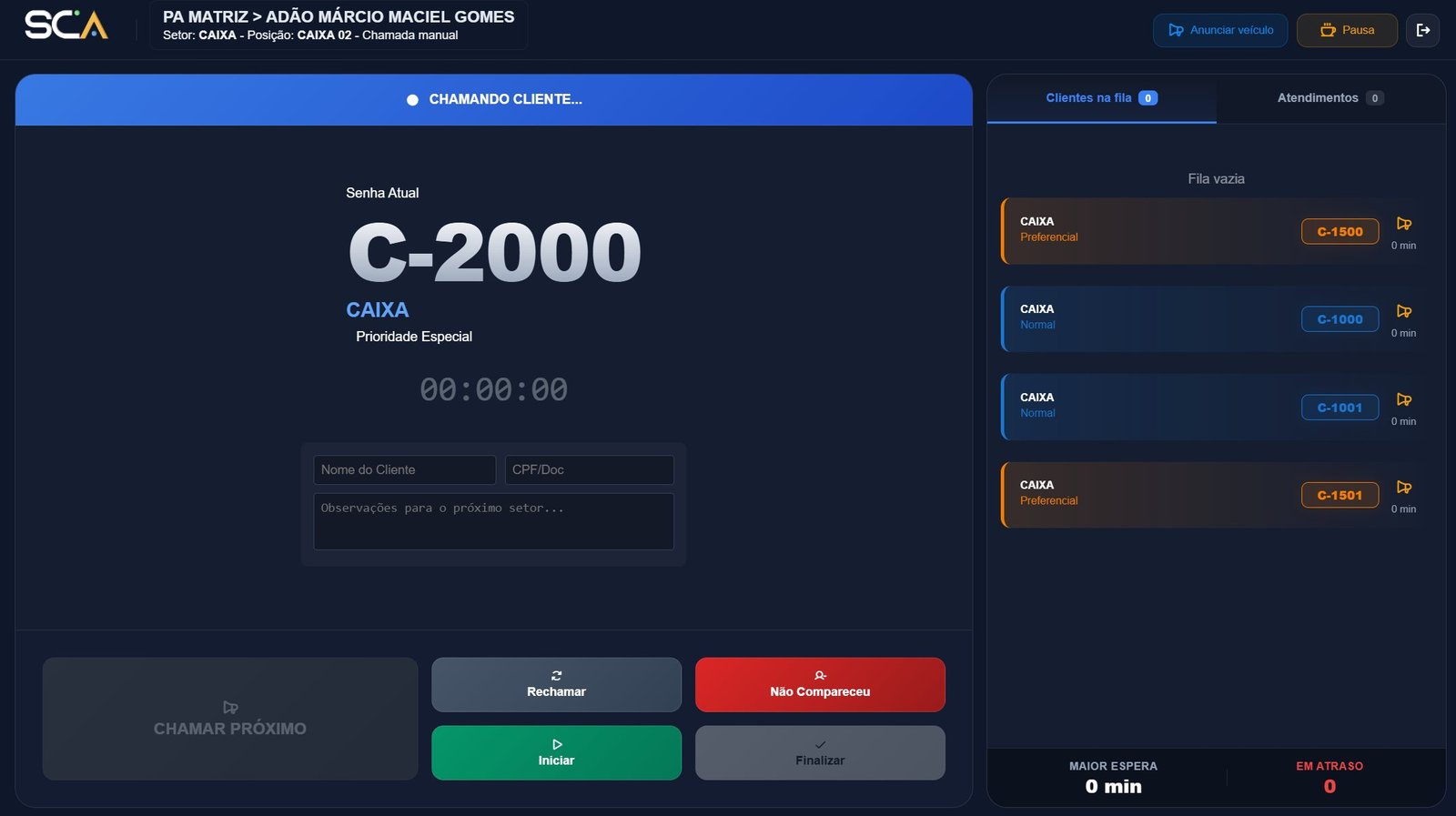 Tela do atendente - transferência