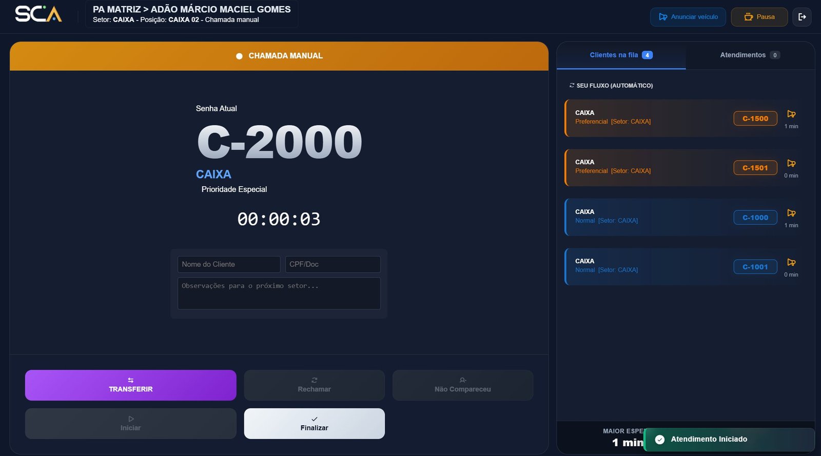Tela do atendente - histórico