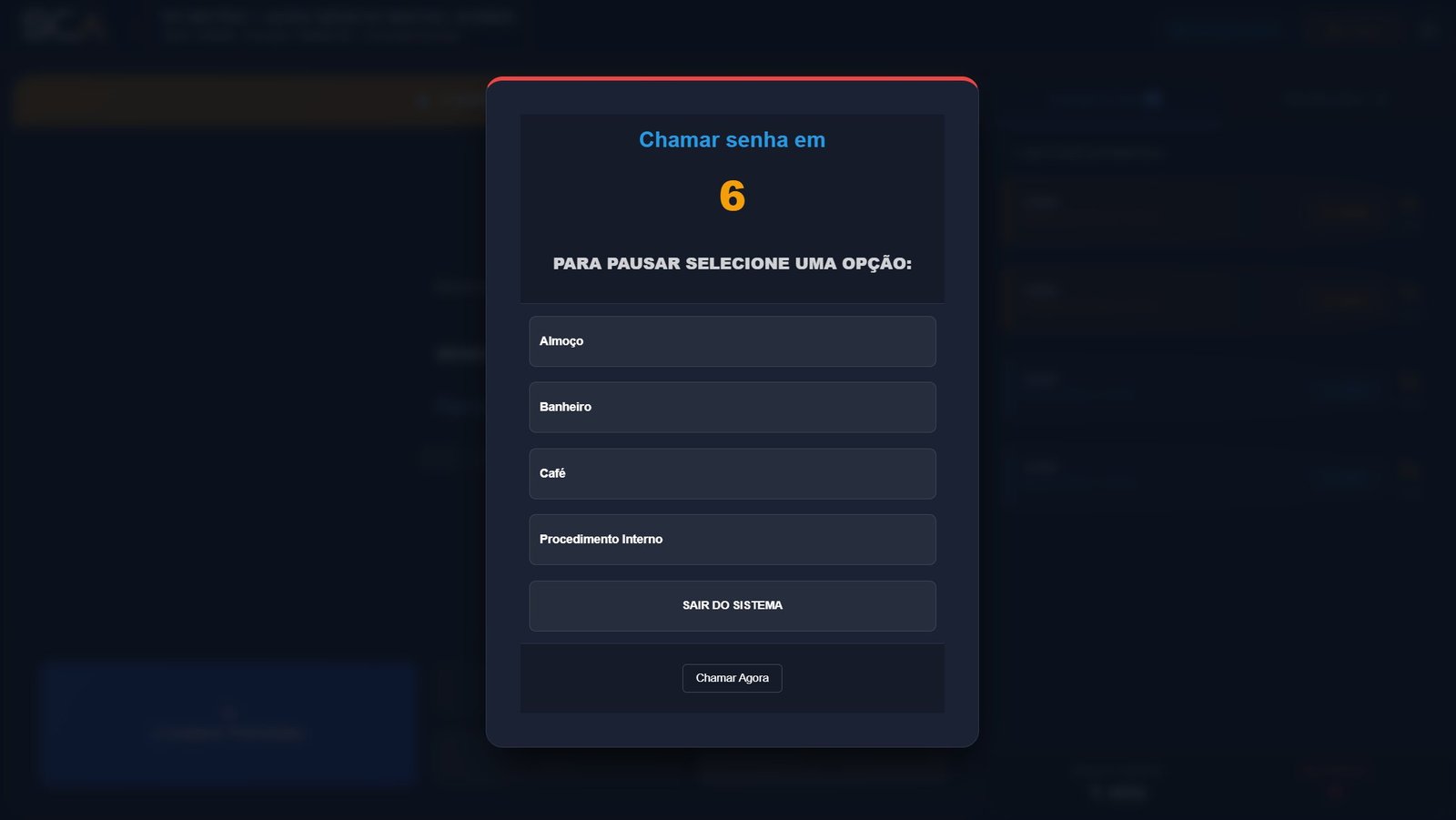 Tela do atendente - pausa